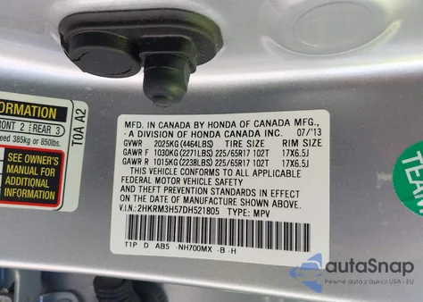 2013 Honda Cr-V Ex z USA, uszkodzony, nr VIN 2HKRM3H57DH521805